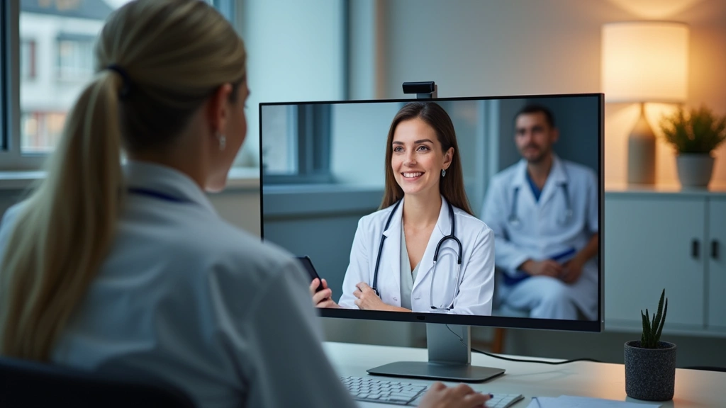 Licensed dermatologist in modern clinic office conducting video call consultation on computer screen with patient, profession