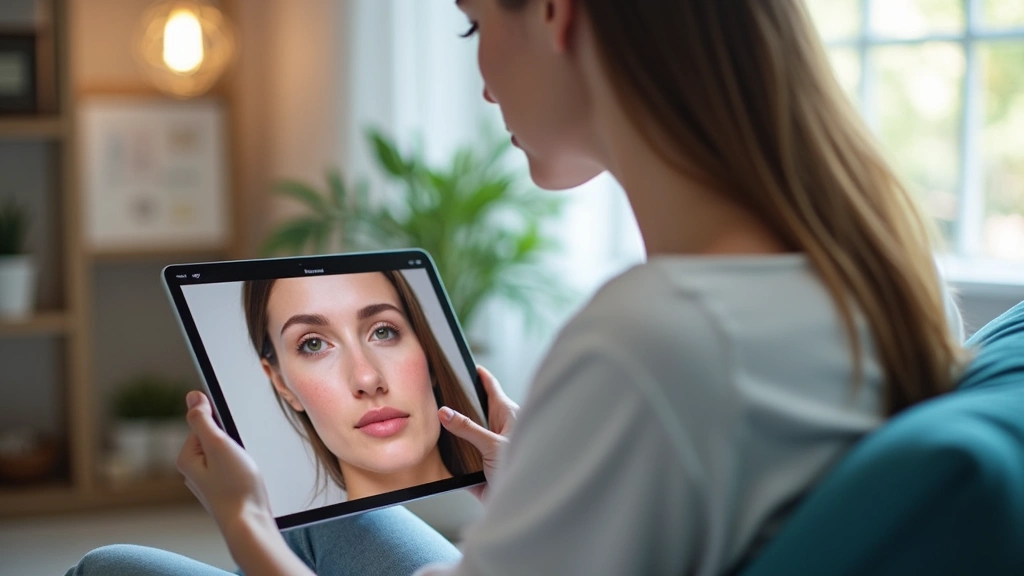Patient sitting at home during video call with dermatologist on tablet screen, showing affected skin area to camera, comforta