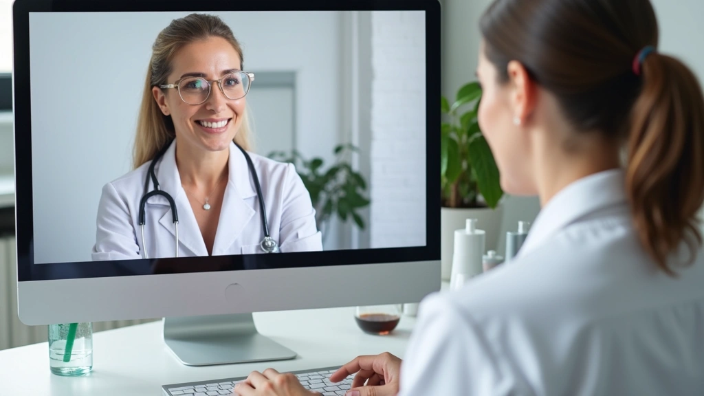 Professional female dermatologist in white coat consulting with patient via video call on computer screen, modern medical office background with skincare products visible