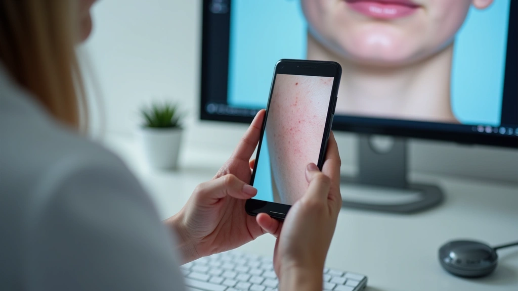 Close-up of hands holding smartphone displaying clear, well-lit photograph of skin condition being reviewed by dermatologist 