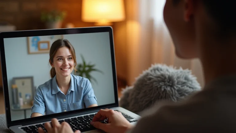 Patient sitting at home on video call with female therapist on laptop screen, warm lighting, comfortable living room setting, professional telehealth session