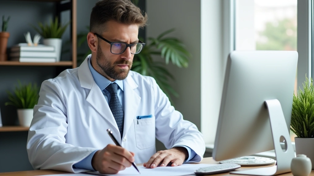 Male psychiatrist in white coat at desk reviewing patient notes on computer, modern medical office with plants, focused clini