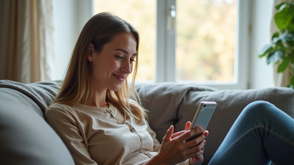 Young woman relaxed on couch holding smartphone, smiling during virtual mental health appointment, bright natural window ligh