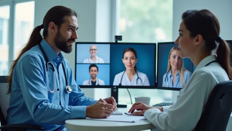 Healthcare provider conducting secure video consultation on desktop computer in clinical office with patient medical records visible on dual monitors, professional medical setting with modern equipment