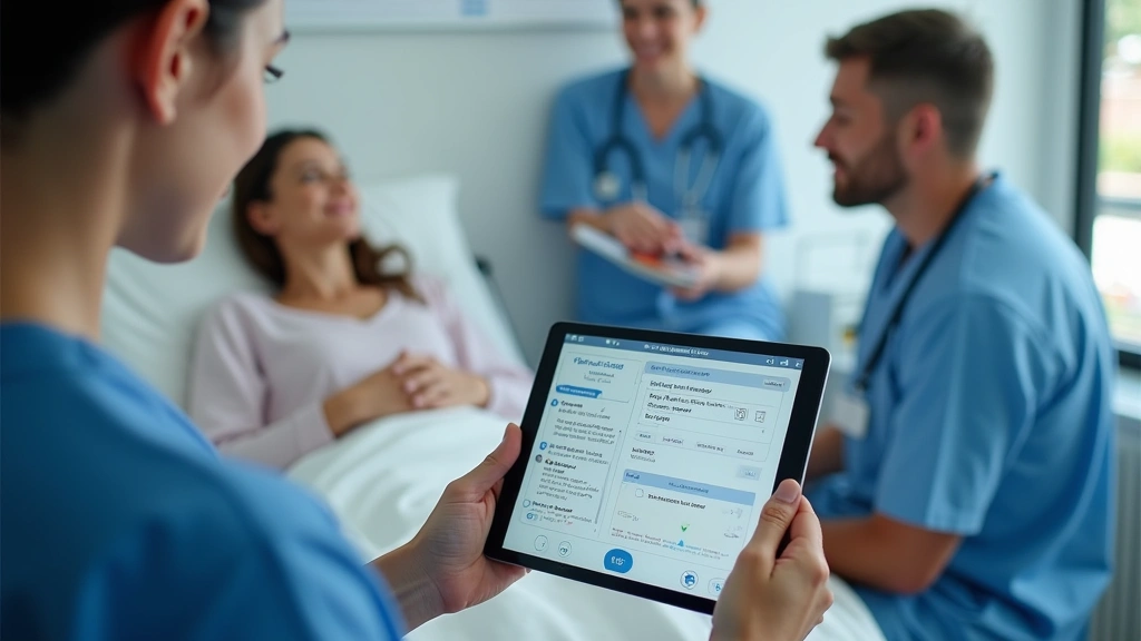Medical staff reviewing patient data on tablet device during telehealth appointment in hospital setting, showing integrated E