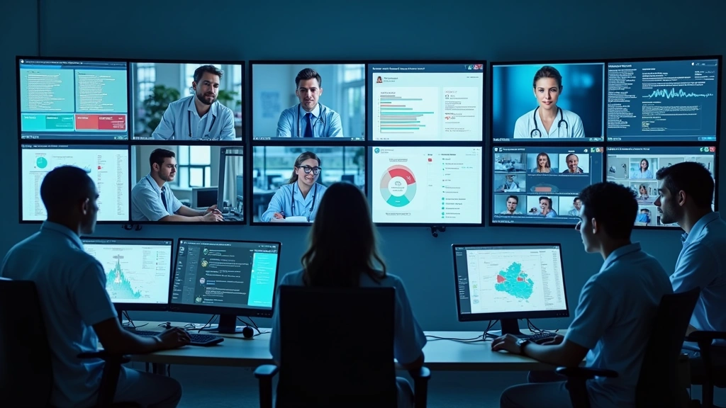 Healthcare team collaborating in modern hospital control center monitoring multiple telehealth video consultations on large s