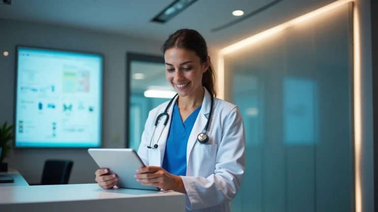 Professional healthcare worker using tablet at modern hospital reception desk, patient portal interface visible on screen, clinical setting with soft lighting