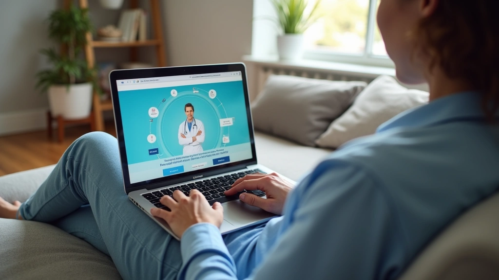 Patient sitting at home on couch reviewing medical documents on laptop, relaxed environment, secure digital healthcare portal