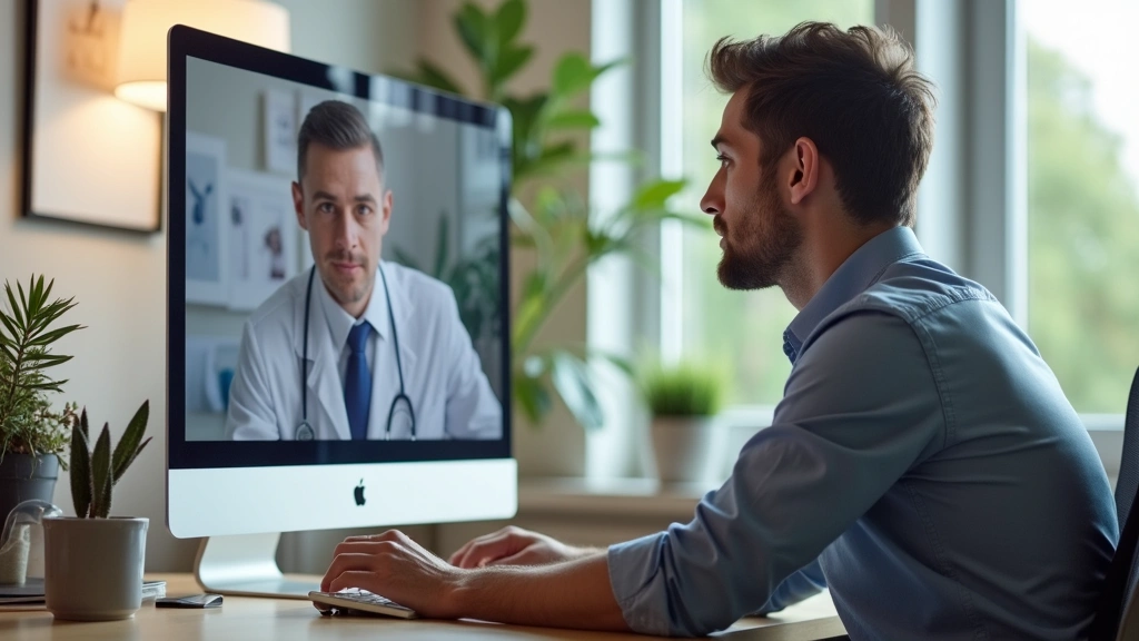 Professional male patient in casual clothing sitting at home desk during video consultation with doctor on computer screen, m
