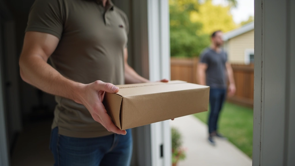 Discreet medication package being delivered to residential doorstep, courier professional in background, secure delivery box