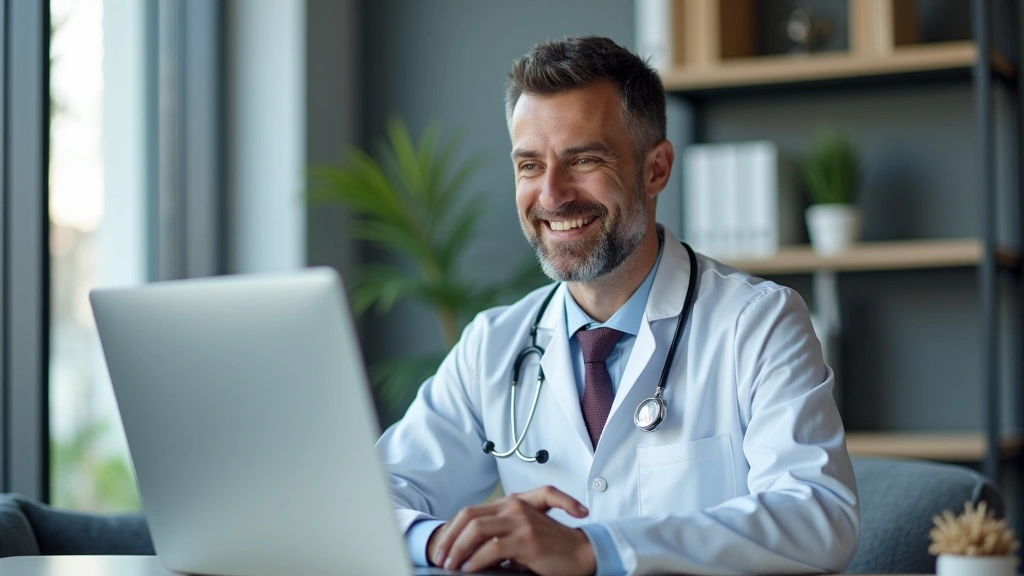 Licensed male physician in white coat during telemedicine consultation, professional medical office background, computer scre