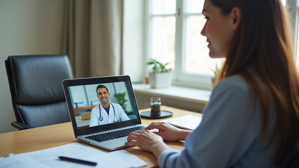 Federal employee using laptop for video telehealth appointment with healthcare provider in professional home office setting