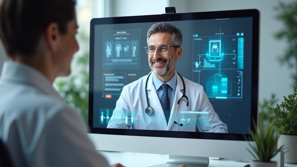 Doctor on computer screen during virtual medical consultation with patient, showing secure HIPAA-compliant healthcare technol