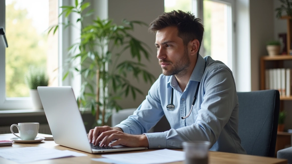 Self-employed professional reviewing health insurance plans on laptop in modern home office, natural lighting, focused expres