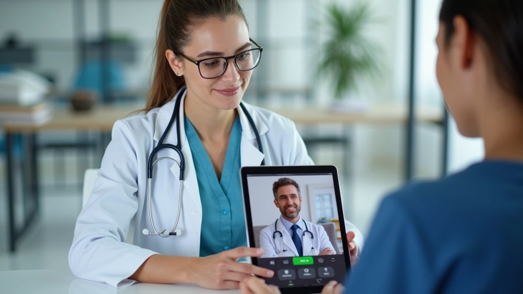 Healthcare provider conducting virtual telehealth consultation with patient on tablet, professional medical office background