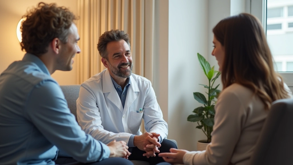 Professional health psychologist in clinical setting conducting therapy session with patient discussing chronic disease manag