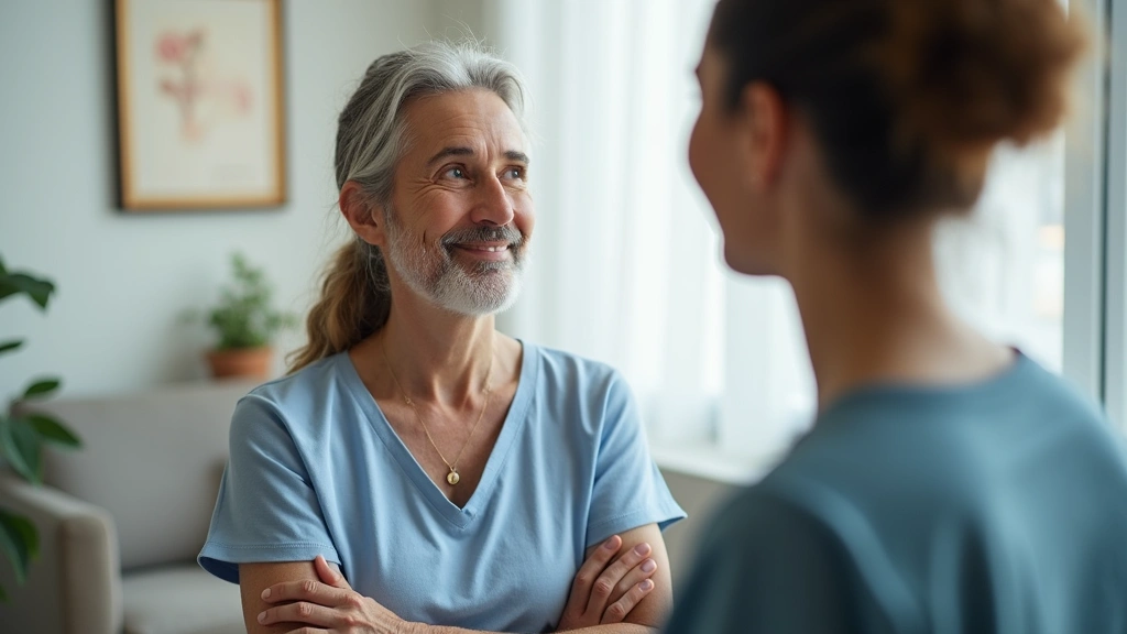 Diverse patient receiving mindfulness-based stress reduction therapy in healthcare facility, calm therapeutic environment, he