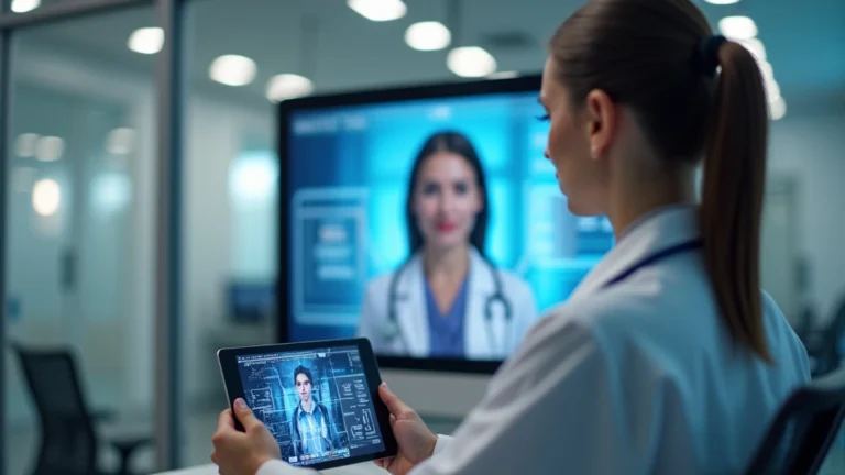 Doctor in white coat using tablet during secure video consultation with patient, modern medical office, professional healthcare setting, encrypted data transfer visualization in background