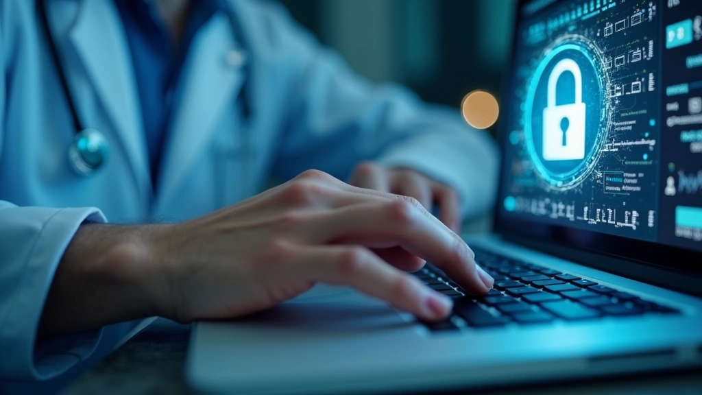 Close-up of healthcare provider hands typing password on computer keyboard with lock icon on screen, secure medical data cent