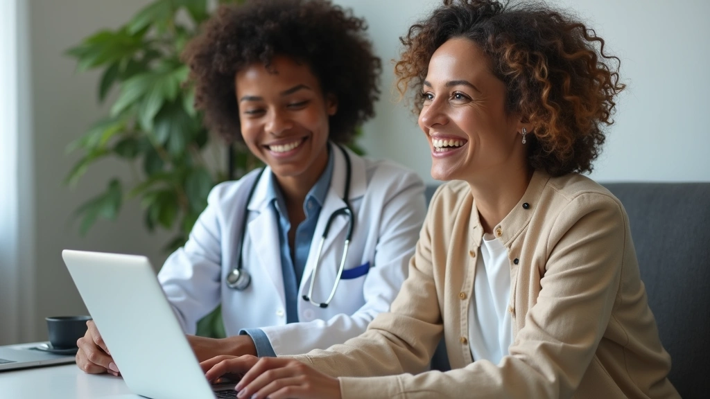 Diverse patient smiling during virtual telehealth appointment on laptop, secure video call interface visible, home healthcare