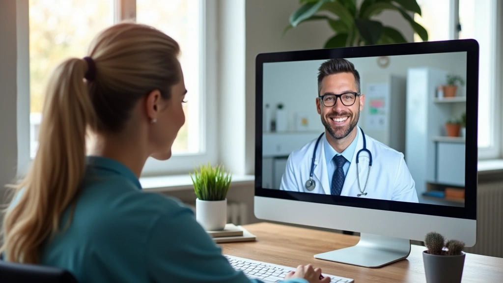 Professional woman in home office having video call with male doctor on computer screen, bright natural lighting, modern home setting, healthcare technology interface visible
