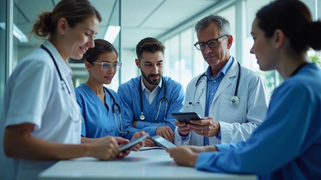Diverse group of healthcare providers in clinical setting reviewing patient data on digital tablets and screens, collaborativ