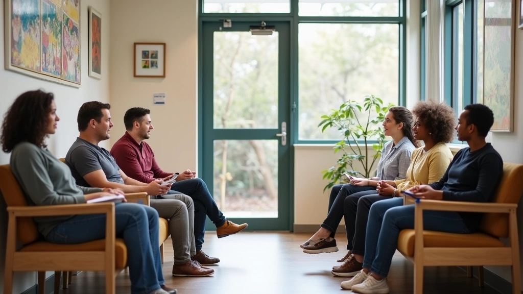 Diverse patients in welcoming primary care waiting room with calming design and mental health resources visible