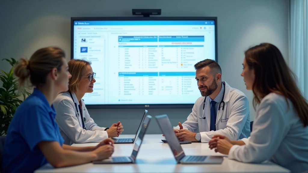 Healthcare team meeting around table with shared electronic health record displayed on screen discussing integrated care plan