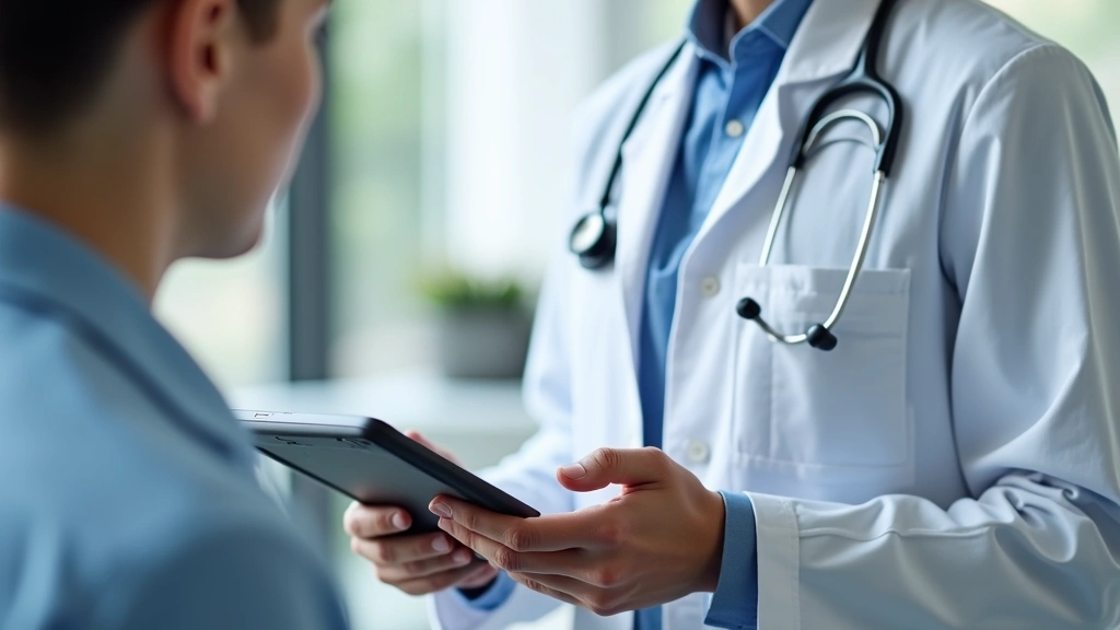Healthcare provider using tablet to review patient health records during telehealth appointment, blurred office environment, 