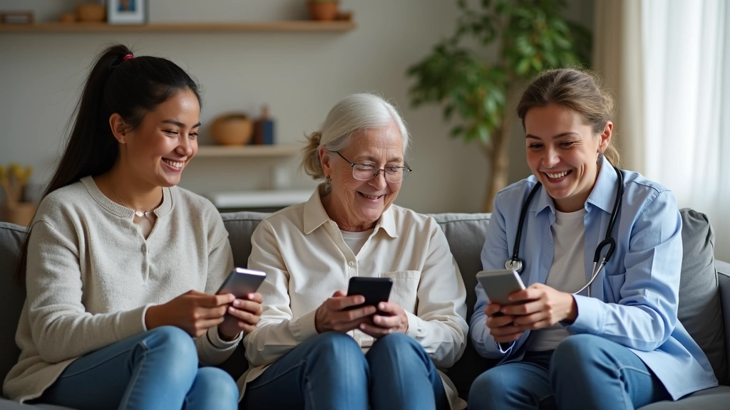 Diverse group of patients in home settings using smartphones and tablets for virtual doctor visits, comfortable living room b