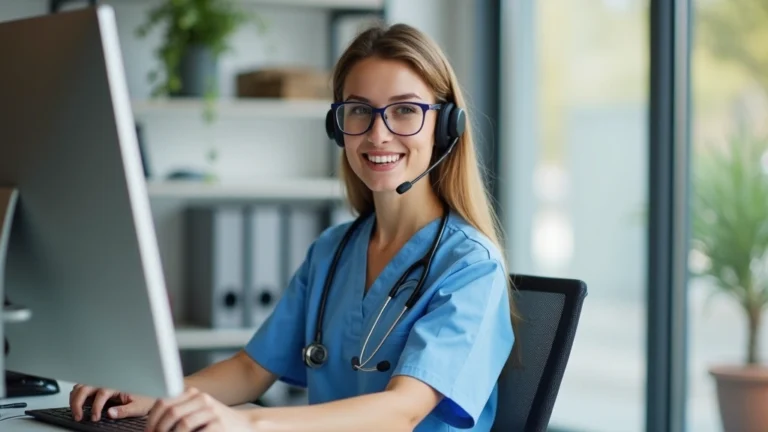 Licensed practical nurse working at home office desk with computer, headset, professional background, modern workspace setup, natural lighting, focused expression