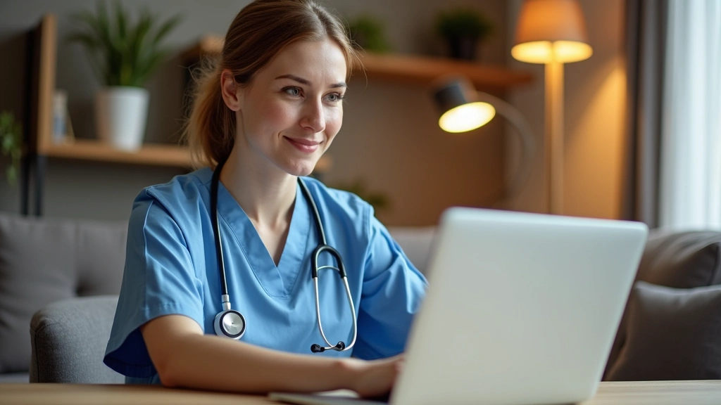 Female healthcare professional in home office using video conferencing on laptop, professional attire, comfortable home setti