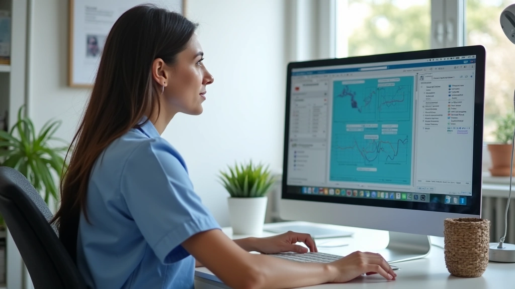 Nurse at desk reviewing digital health records on computer monitor, home office environment, professional appearance, organiz