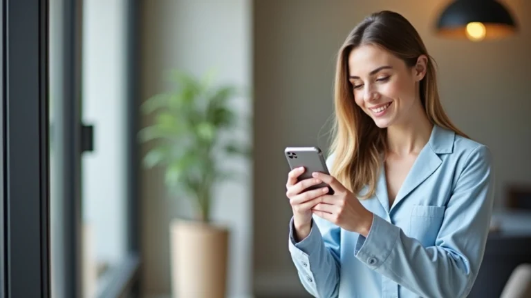 Professional woman using smartphone for video consultation with healthcare provider, modern home office setting, natural lighting, calm expression