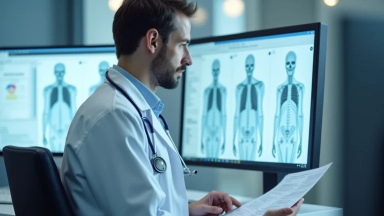 Professional healthcare provider in white coat reviewing patient medical records in modern hospital office setting with computer screens and medical charts visible
