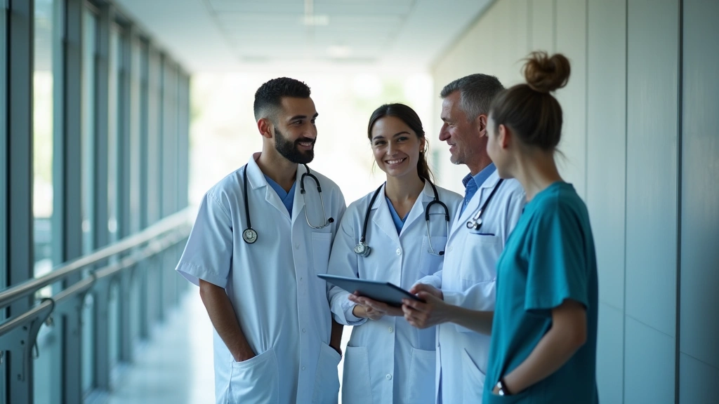 Diverse group of medical professionals including doctors and nurses collaborating in bright hospital corridor with contempora