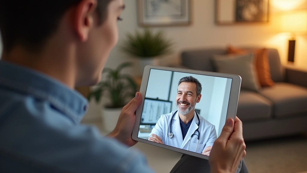 Patient having virtual telehealth consultation on tablet at home with comfortable home office background, warm lighting, prof