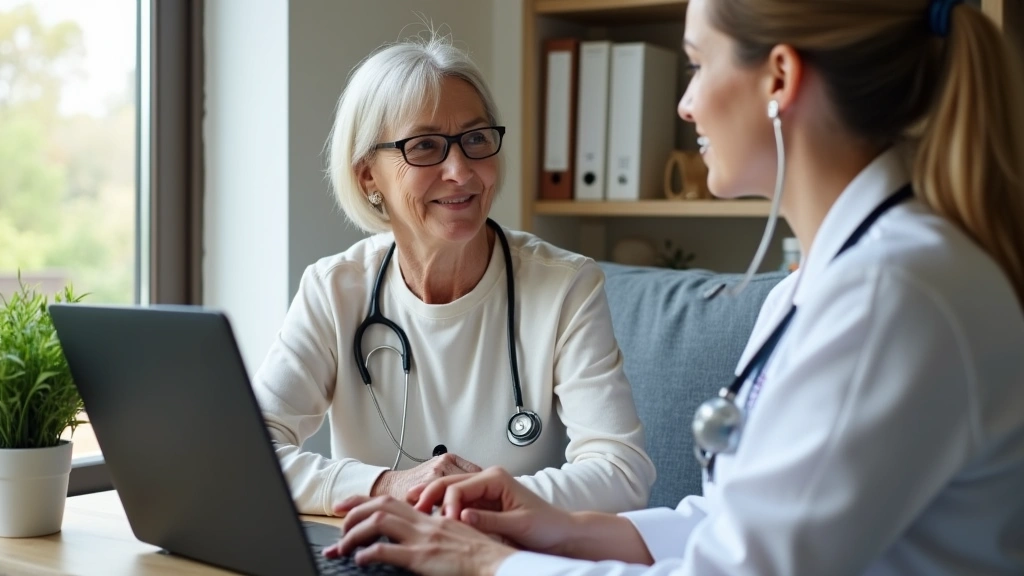 Senior woman in home office on video call with female doctor wearing stethoscope, professional medical consultation, natural lighting, calm home environment