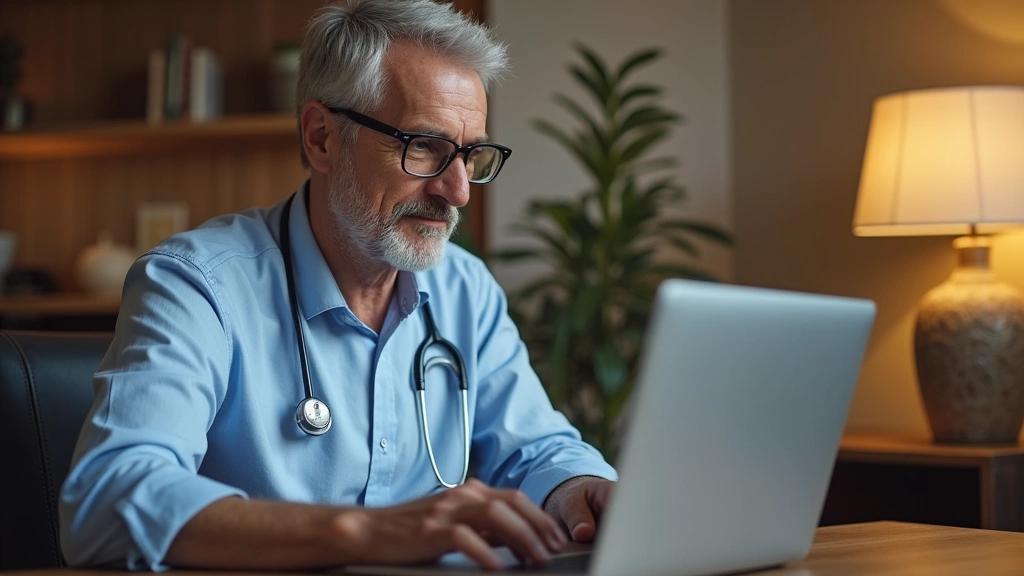Mature man sitting at desk wearing glasses, looking at laptop screen during virtual healthcare appointment, home setting, war