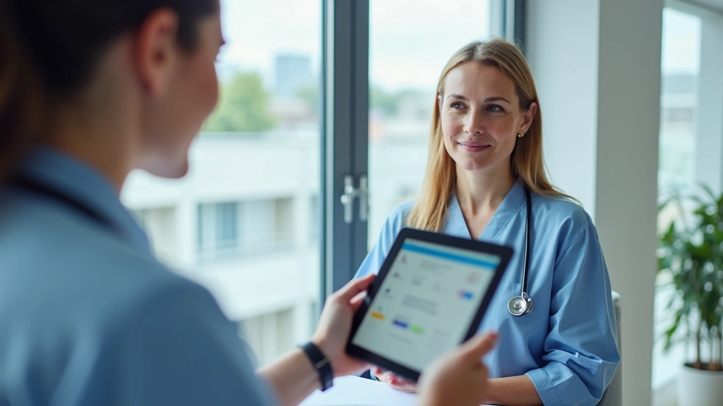 Healthcare provider in medical office reviewing patient information on tablet during telehealth consultation, modern clinical