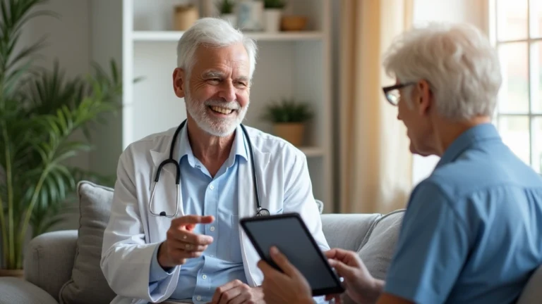 Senior Medicare beneficiary using tablet for video consultation with doctor in modern home setting, natural lighting, comfortable environment