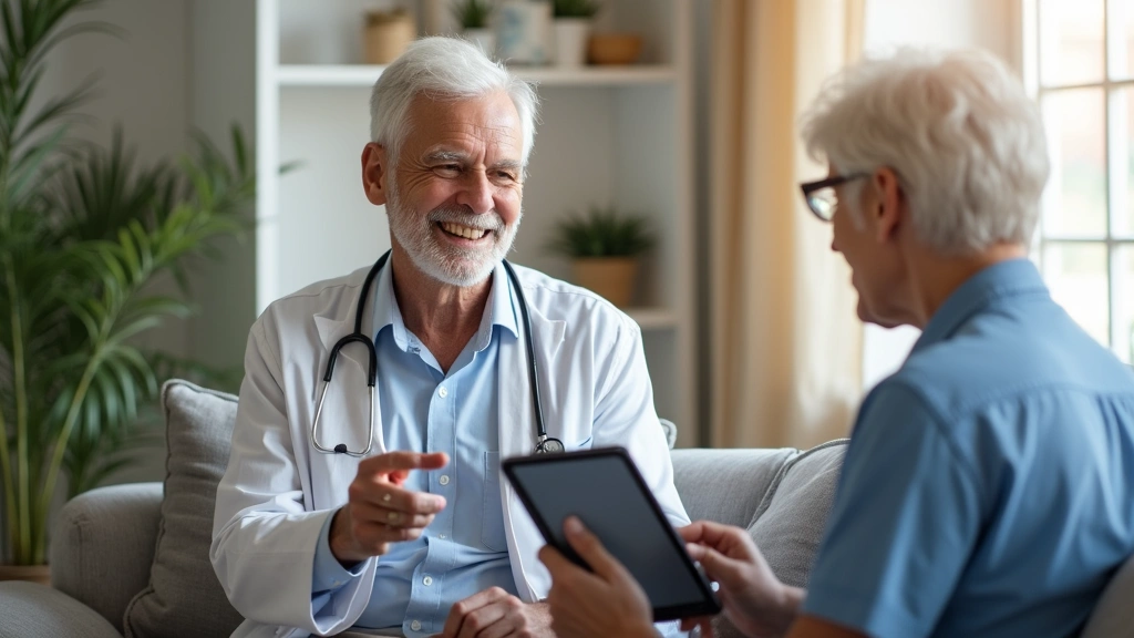 Senior Medicare beneficiary using tablet for video consultation with doctor in modern home setting, natural lighting, comfortable environment
