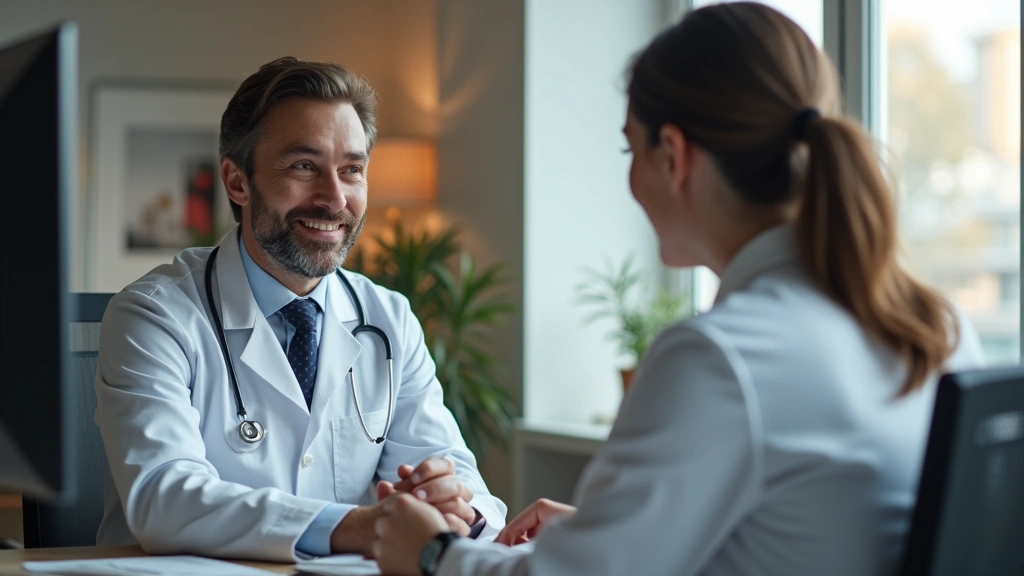 Professional woman sitting at home on video call with male doctor wearing white coat in modern medical office, computer screen visible, warm lighting, realistic healthcare consultation