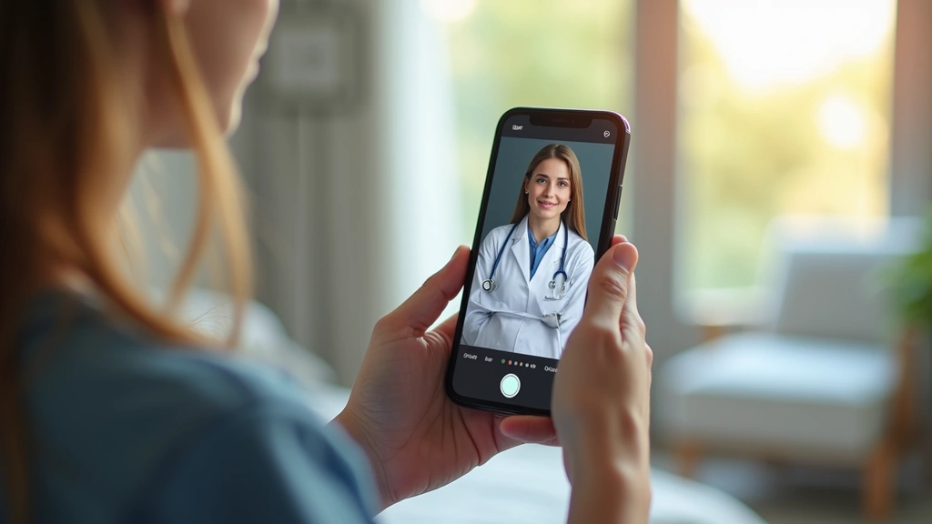 Patient hands holding smartphone showing video consultation interface with female physician, comfortable home setting, natura