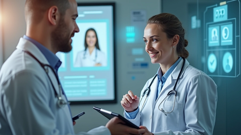 Healthcare provider in clinical setting reviewing patient medical records on tablet during virtual consultation, professional