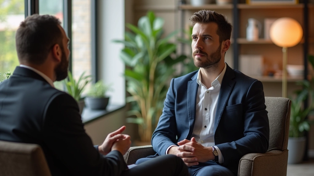Professional man in office setting having a serious conversation with a male therapist, both sitting in comfortable chairs, m