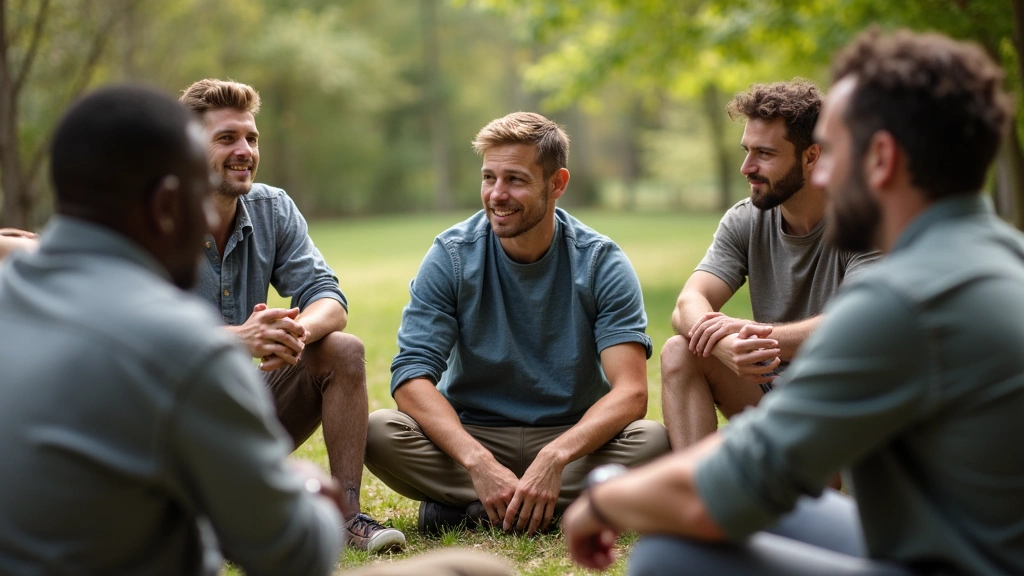 Group of diverse men sitting in a support circle outdoors, having an open discussion, natural sunlight, casual comfortable cl