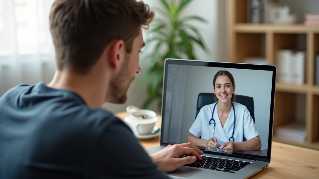 Young man using a laptop for a telehealth video call with a healthcare provider, home office setting, calm and private enviro