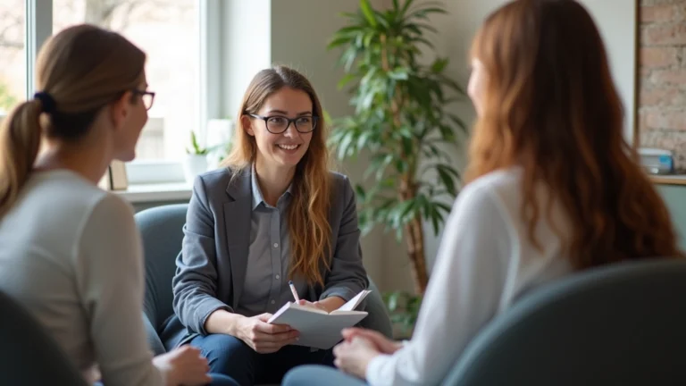 Professional female therapist conducting mental health interview with patient in modern clinical office, warm lighting, comfortable seating, taking notes