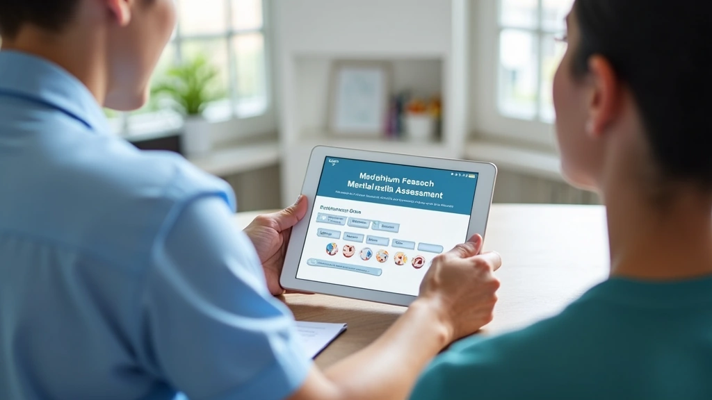 Patient completing digital mental health assessment questionnaire on tablet with healthcare provider present, clinical settin